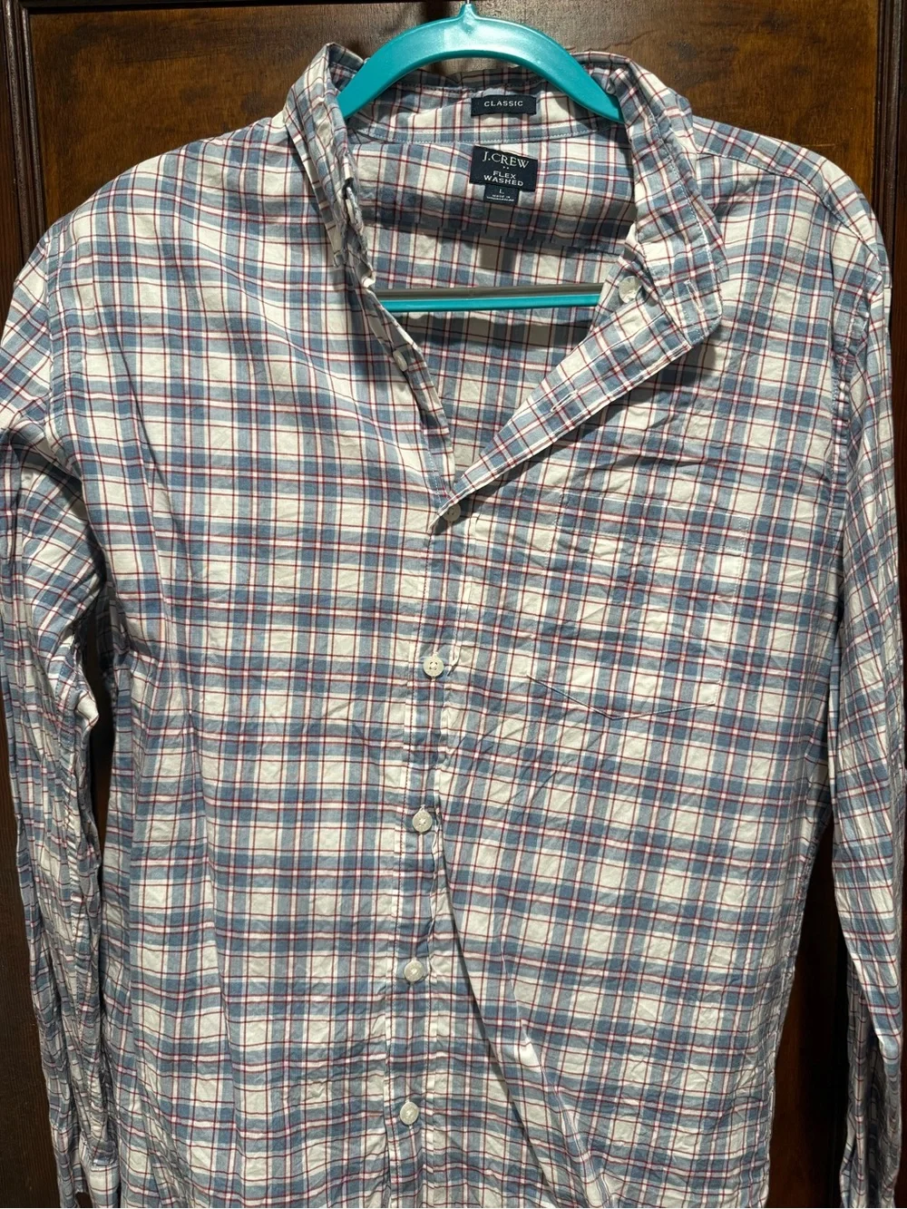 J. Crew Blue and White Plaid Button-Down Shirt with Red Accents